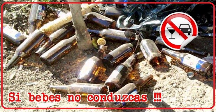 Botellas de cerveza vacías tiradas en la calle evidencia de una reciente borrachera. Texto de la foto: Si bebes no manejes. Cuadro superior derecho una copa de vino cruzada concirculo y raya roja indicando no beber